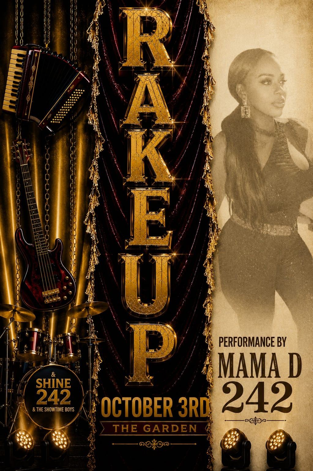 Rake Up event flyer, October 3rd at The Garden, performance by Mama D 242 with Shine 242 and The Showtime Boys