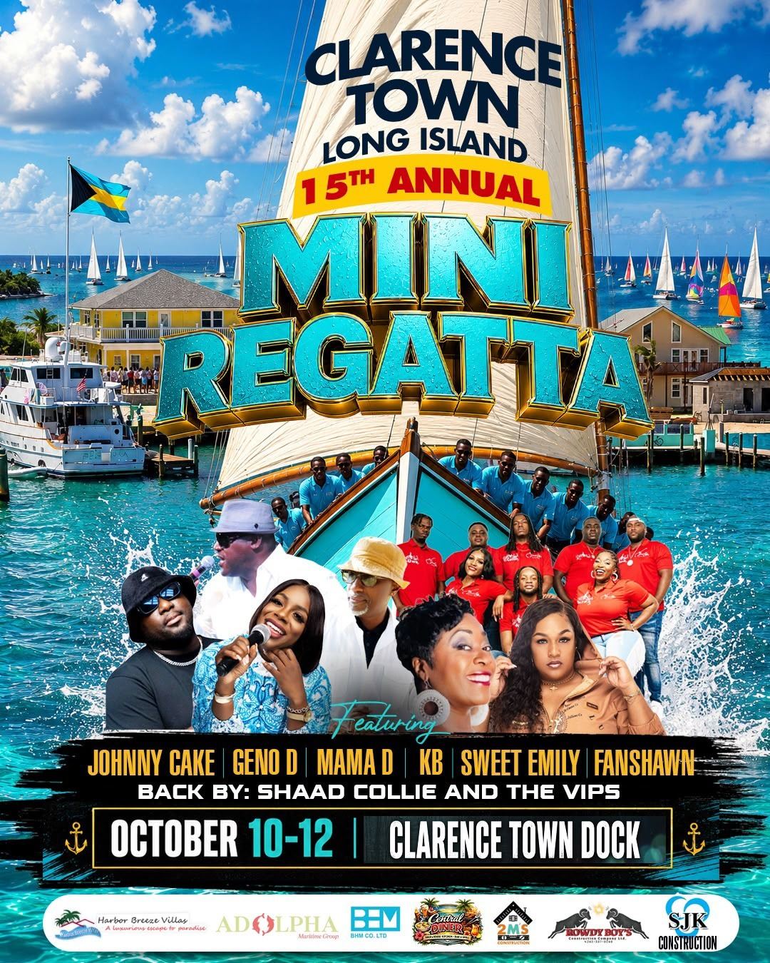 Flyer for the 15th Annual Mini Regatta at Clarence Town Dock, Long Island, October 10 to 12, featuring Mama D