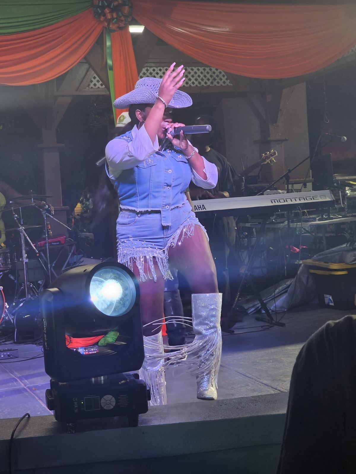 Mama D on stage in a denim outfit with silver fringed boots, her band playing behind her