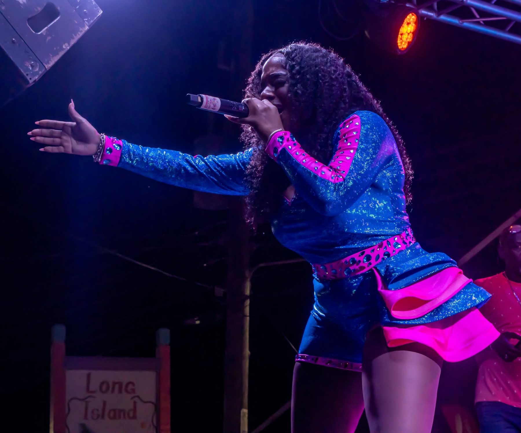 Mama D reaching out to the crowd on stage in a blue and pink outfit beside a Long Island sign