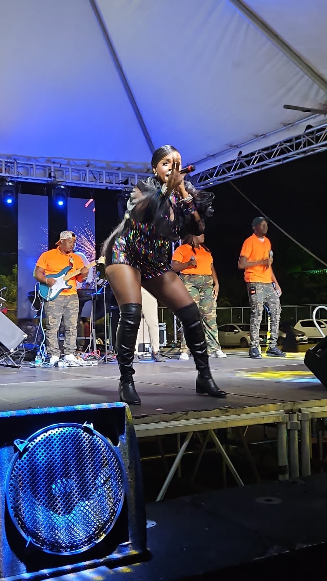 Mama D performing on stage in a sequined bodysuit and knee high boots with her live band behind her